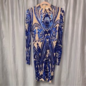 Main Strip Blue and Cream Sequin Long Sleeve Dress Junior Large